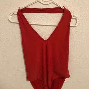 Red Mesh Semi-Sheer Halter Bodysuit